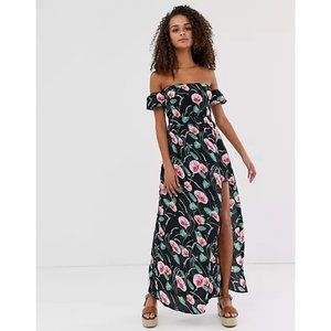 Parisian Maxi Dress Off The Shoulder Navy Blue Floral Print Slit NWT